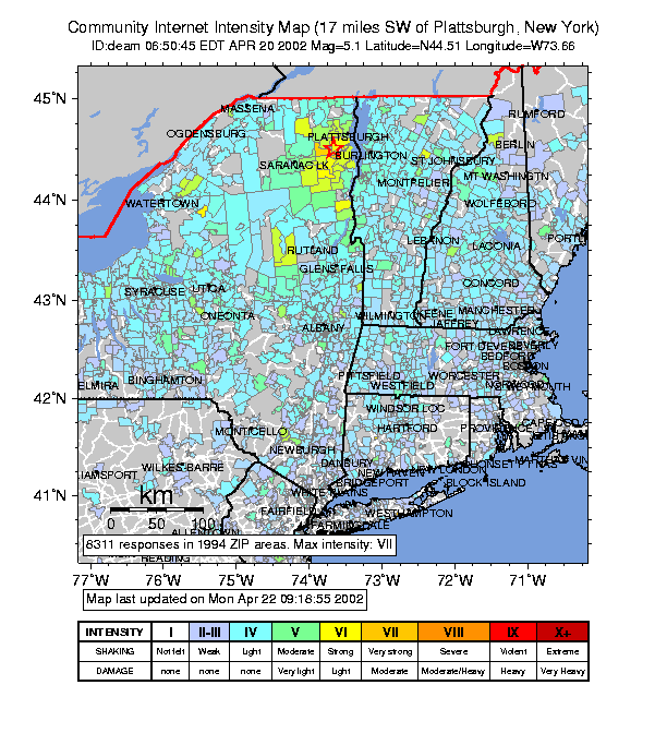 earthquake intensity map, April 20, 2002 earthquake