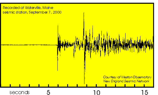 Seismic record of the September 7, 2000 earthquake; epicenter 15 miles southeast of Waterville, magnitude 3.2
