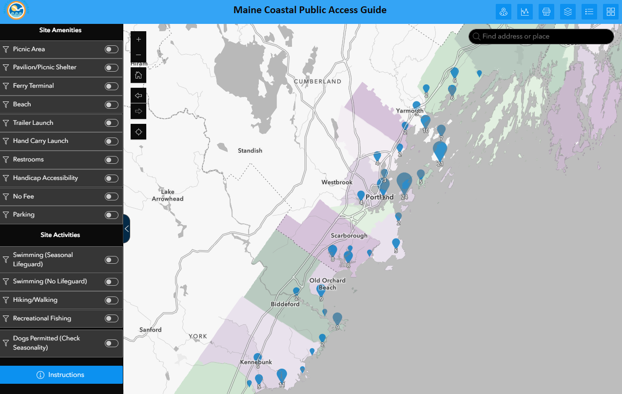 Screen cap of the Maine Coastal Public Access map