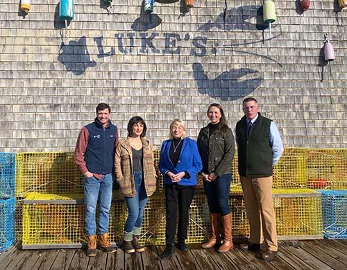 Luke Holden, Founder and Chief Executive Officer of Luke’s Lobster; Briana Warner, CEO of Atlantic Sea Farms; Governor Mills; Annie Tselikis, Executive Director of the Maine Lobster Dealers Association; and Pat Keliher, DMR Commissioner.