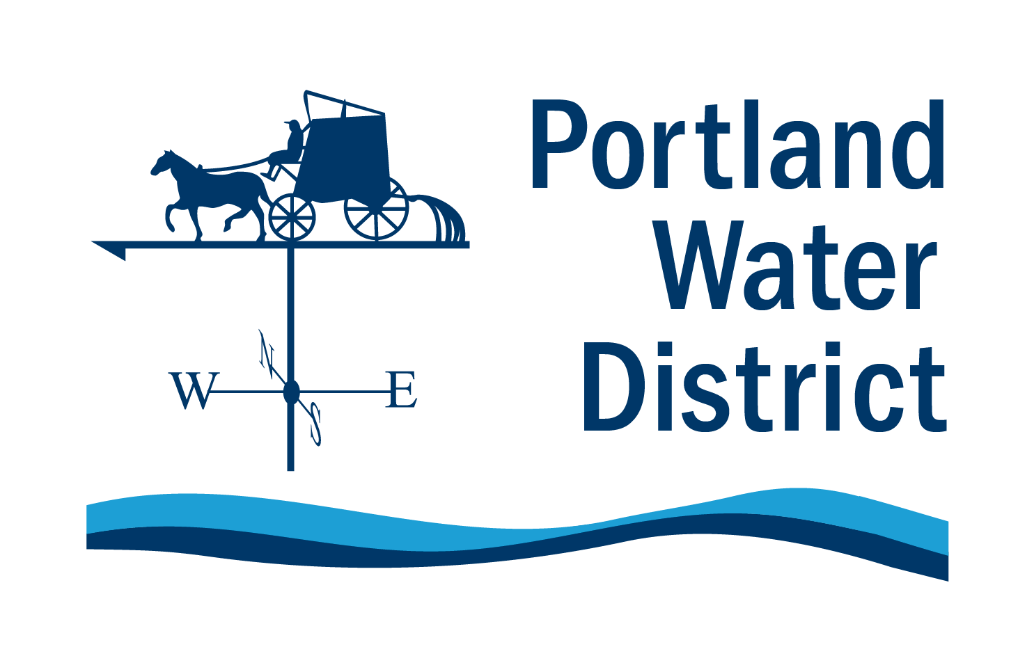 Portland Water District logo - a horse and cart weathervane of a field of blue