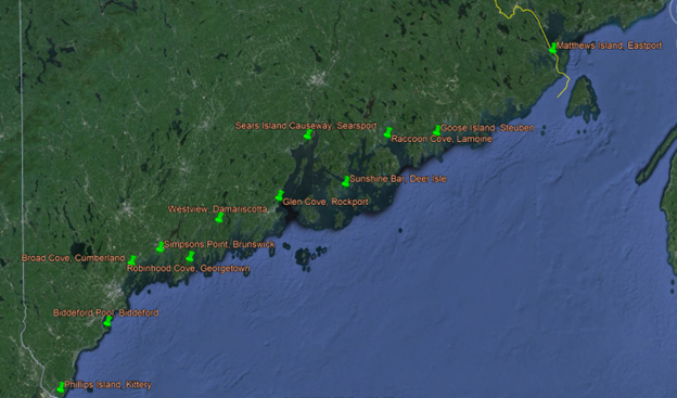 Location of 12 Long Term Intertidal Monitoring Sites along the coast.
