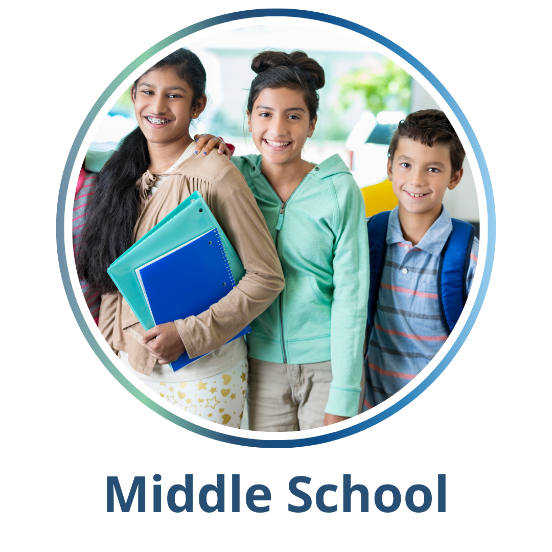 Middle School Students smiling at the camera with the word middle underneath