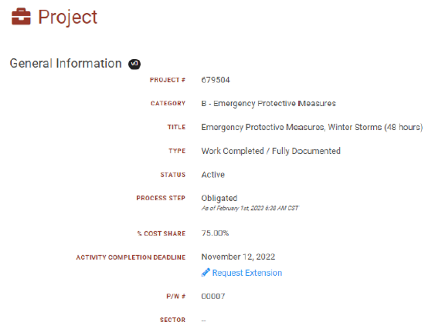 Screenshot of Project information from Grants Portal
