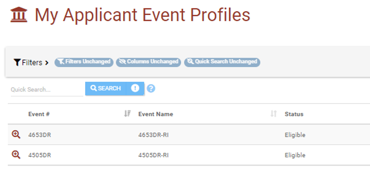 Screenshot of "My Applicant Event Profiles" screen from Grants Portal